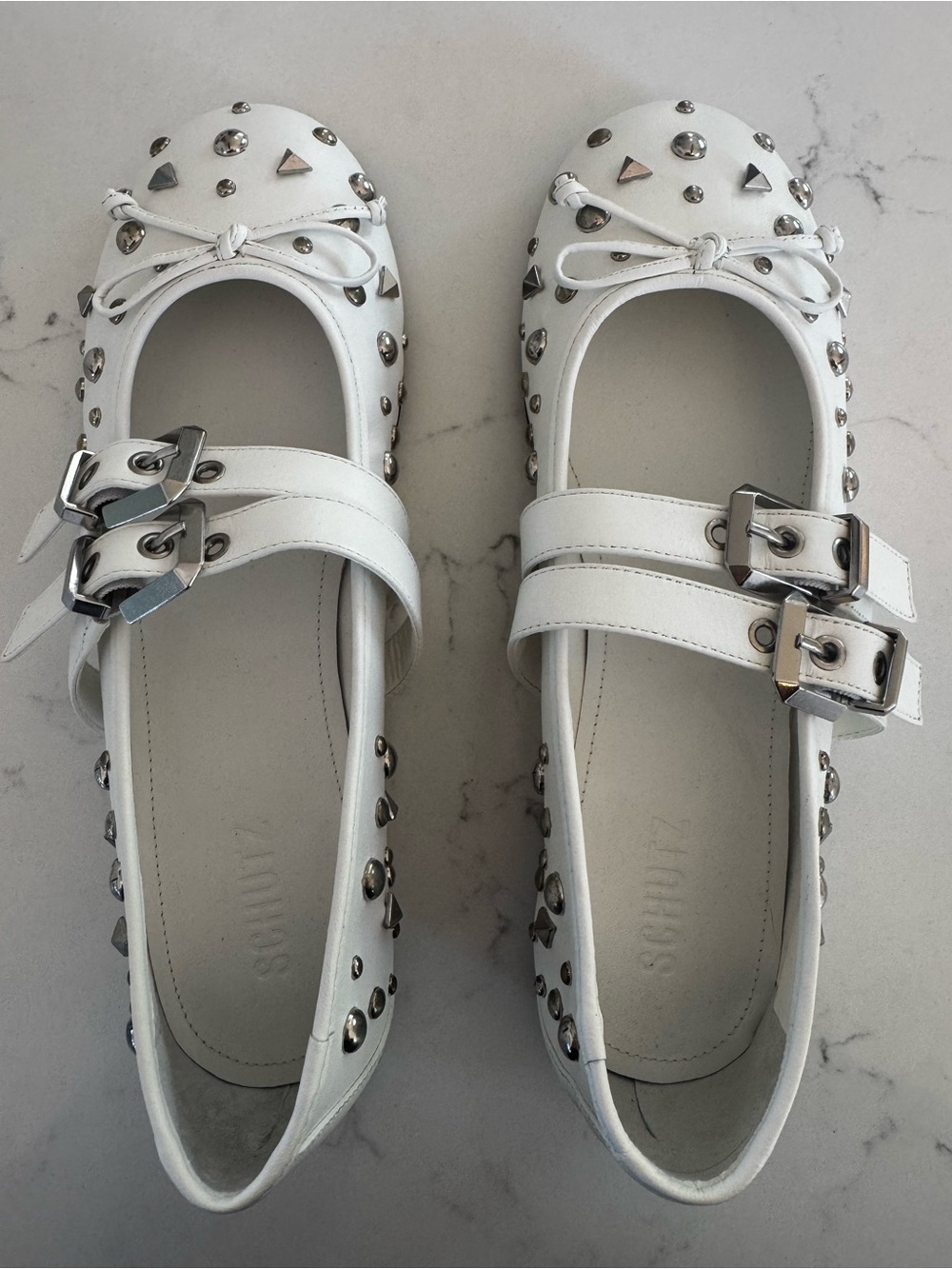 SCHUTZ White Studded Double-Buckle Mary Jane Flats - Picture 1 of 4